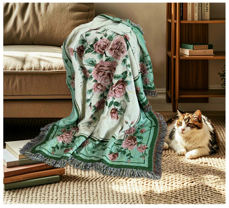 EZ.enjoy Rose Woven Tapestry Throw Blanket Wall Hanging Art Handicrafts Jacquard Multipurpose Soft Travel Mat Outdoor with Fringe Tassels 50 X 60 Inches - Image 4